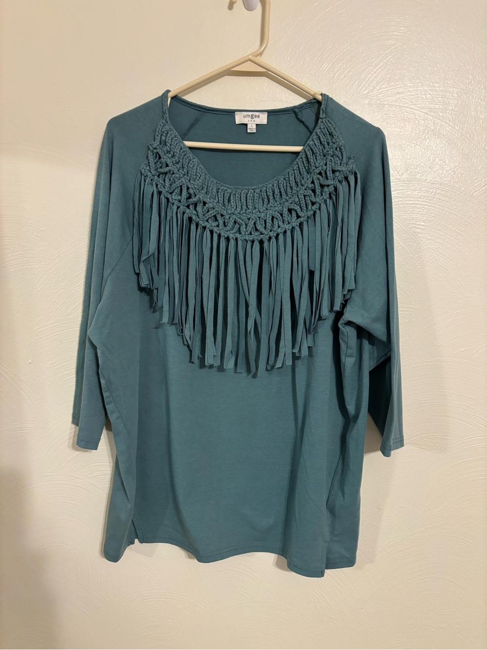 Umgee Teal Crochet Fringe Boho Top Women’s Large 3/4 Sleeve